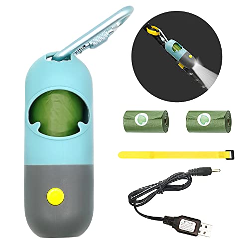 Freihändiger Hundekotbeutelspender mit LED-Taschenlampe Kacktütenhalter mit 3 Rollen grüner Müllbeutel Karabinerverschlüsse Wiederaufladbare Batterie und Kabel von Morn Light