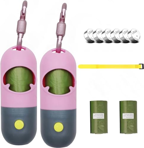 Morn Light 2 Pack Hundekotbeutelhalter mit Taschenlampe Hundekotbeutelspender für Leine mit auslaufsicheren grünen Kotbeuteln für Hundespaziergänge (2 Spender 60 Beutel) (Pink) von Morn Light
