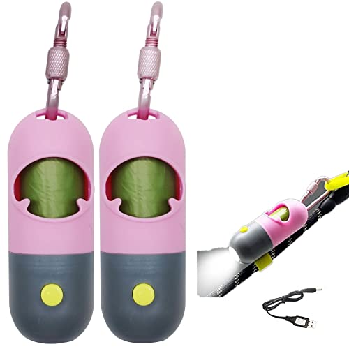 Morn Light Kotbeutelhalter mit Taschenlampe, Hundekotbeutelhalter für Leine, Hundebeutelhalter mit Clip, Hundekotbeutelspender mit grünem Duft, wiederaufladbares USB-Kabel (Rosa, 2 Spender, 60 Beutel) von Morn Light