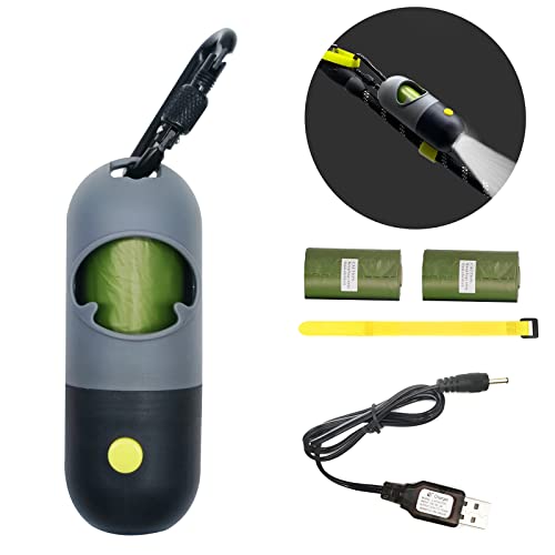 Morn Light Kotbeutelhalter mit wiederaufladbarer Taschenlampe, Hundekotbeutelhalter für Leine mit Clip und USB-Kabel, Hundekotbeutelspender mit grünem Duft (grau, 1 Spender, 45 Beutel) von Morn Light