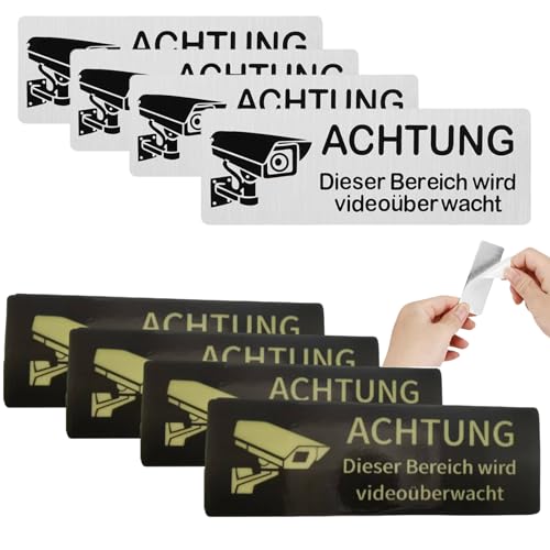 4x Alu Videoüberwachung Schilder (85x30mm) selbstklebend + Fluoreszierende Aufkleber - Achtung Kamera Warnschild für Innen/Außen Komplettset​ von Mornly