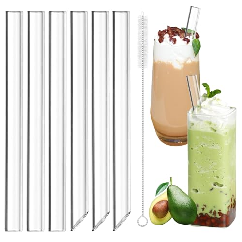 7 pcs Bubble Tea Strohhalme 14 mm Extra Breite Trinkhalme Wiederverwendbare Smoothie Strohhalme mit 1 Reinigungsbürste Glasstrohhalme für Cocktails, Smoothies und Säfte von Morocket