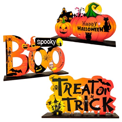 Morofme Halloween Tisch Dekoration 3pcs, Holz Halloween Tischdekorationen, Trick oder behandeln Kürbis Boo Spooky Tisch Zeichen Halloween Ornamente für Zuhause Schreibtisch Büro Bar Halloween Supplies von Morofme
