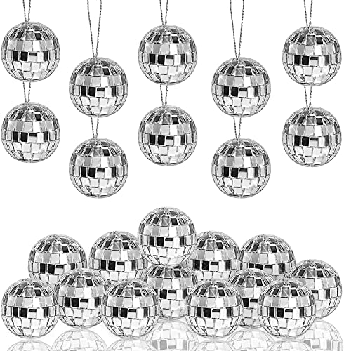 Morofme Discokugel 20 Stück, Silber Mini Discokugeln,Silber zum Aufhängen, Spiegel Discokugeln, Reflektierende Spiegelkugel Ornamente, Kuchendekoration mit Seil Weihnachtsbaum Hochzeit von Morofme