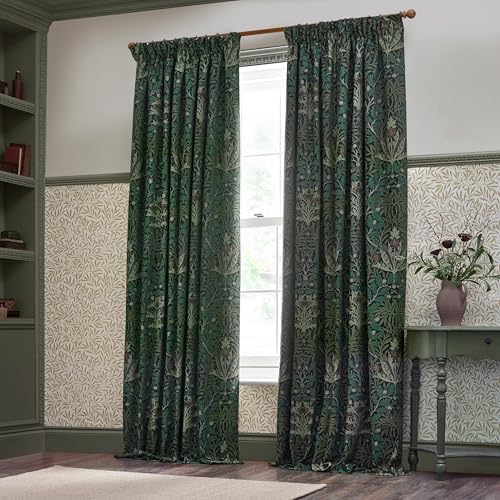 Morris&Co -Vorhang, Bleistiftfalten, gefüttert, Jacquard-Chenille, mit botanischem Blumenerbe-Design (Thymian/Wald, 168 x 183 cm) von Morris&Co