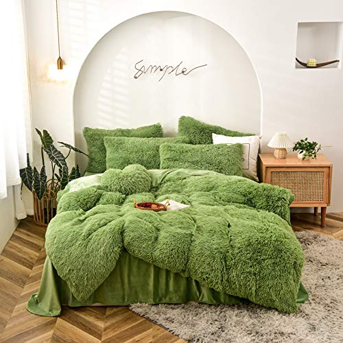 MorroMorn 5-teiliges Bettwäsche-Set mit zotteligem Bettbezug – Flauschiger Bettdeckenbezug, langes Kunstfell, luxuriös, ultraweich, gemütlich (Grün, King/California King) von MorroMorn