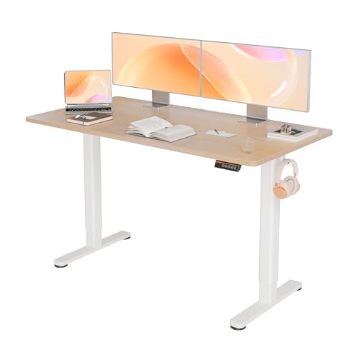 Morsut Höhenverstellbarer Schreibtisch 140x60 cm, Elektrischer Stehschreibtisch mit Kabelmanagement, Computertisch Sitz/steh mit Memory Funktion und Kollisionschutz, Beige von Morsut