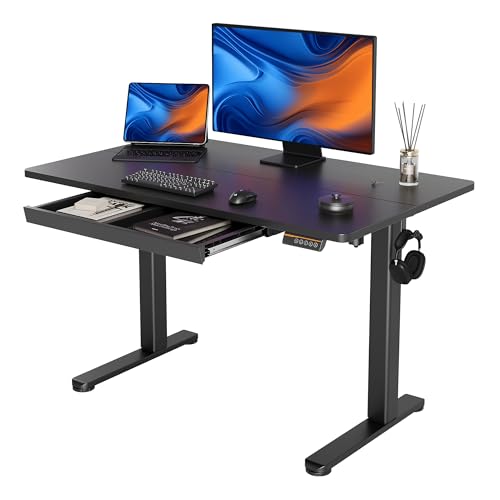 Morsut Höhenverstellbarer Schreibtisch mit Schublade 120x60 cm, Elektrischer Stehschreibtisch mit Kabelmanagement, Computertisch Sitz/steh mit Memory Funktion und Kollisionschutz, Schwarz von Morsut