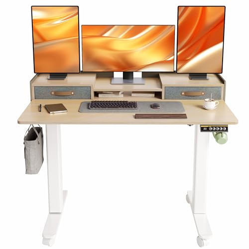 Morsut Höhenverstellbarer Schreibtisch mit Schubladen und Monitorständer 120x60 cm, Elektrischer Stehschreibtisch auf Rollen, Beige von Morsut