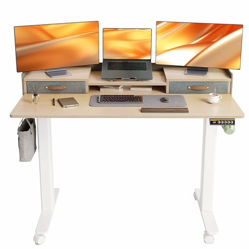 Morsut Höhenverstellbarer Schreibtisch mit Schubladen und Monitorständer 140x60 cm, Elektrischer Stehschreibtisch auf Rollen, Computertisch Sitz/steh mit Memory Funktion, Beige von Morsut