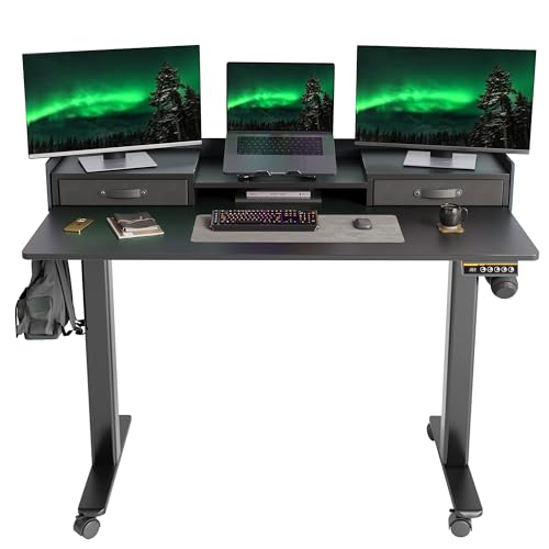 Morsut Höhenverstellbarer Schreibtisch mit Schubladen und Monitorständer 140x60 cm, Elektrischer Stehschreibtisch auf Rollen, Computertisch Sitz/steh mit Memory Funktion, Schwarz von Morsut