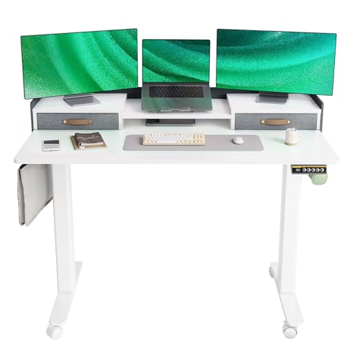 Morsut Höhenverstellbarer Schreibtisch mit Schubladen und Monitorständer 140x60 cm, Elektrischer Stehschreibtisch auf Rollen, Computertisch Sitz/steh mit Memory Funktion und Kollisionschutz, Weiß von Morsut