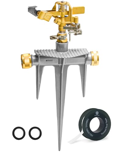 Morvat Messing Sprinkler für Hof, Garten Sprinklerkopf aus Vollmessing mit Metallpfahl, inkl. 2 Gummiringverbindern, 360° Muster, 40-49 Fuß Sprühabstand von Morvat