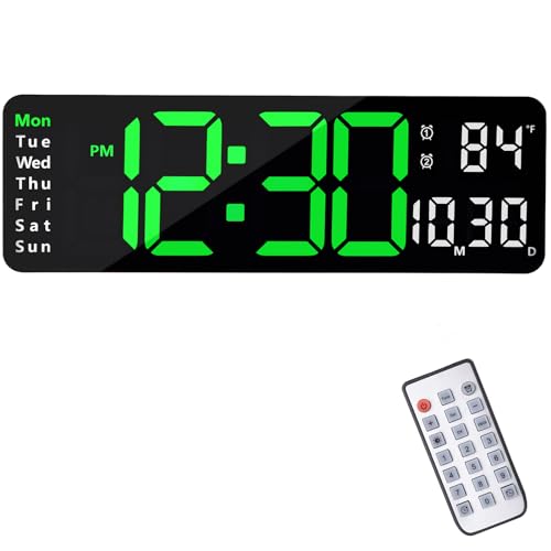 13 Zoll/16 Zoll Digitale Wanduhr,LED Wanduhr Groß Display, Digital Uhr mit Fernbedienung,Wandwecker,Timing und Countdown mit Datum/Woche/Temperatur für Schlafzimmer,Wohnzimmer (Grün, 13 INCH) von Morwealth