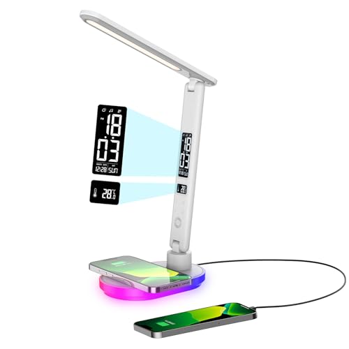Schreibtischlampe LED Dimmbar mit Ladefunktion Uhr,Tischlampe Touch Dimmbare mit 3 Farbstufen und 5 Helligkeiten,lampe mit USB Anschluss,Uhr,Farbnachtlicht,LCD,Temperatur für Schlafzimmer,Büro (weiß) von Morwealth