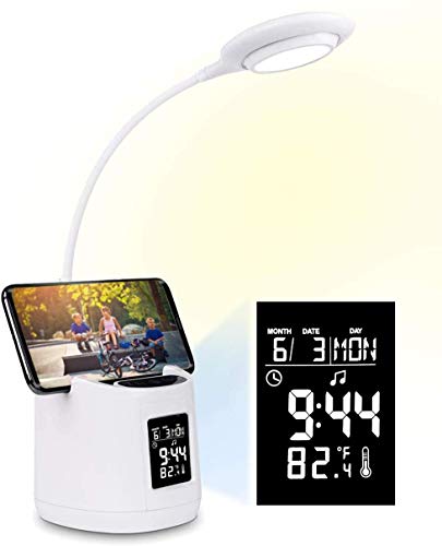 Morwealth Schreibtischlampe Kinder,Tischlampe led dimmbar mädchen USB Akuu Wiederaufladbar 3 Helligkeitsstufen Leselampe Touch-Schalter mit Wecker/Uhr/Temperatur für Arbeit,Büro,Lesen,Studieren von Morwealth
