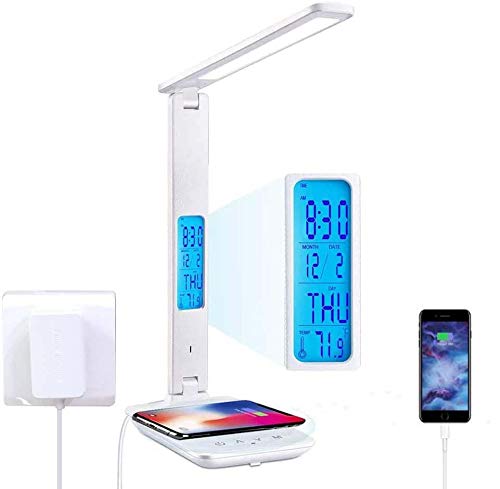 Schreibtischlampe LED Dimmbar mit Ladefunktion Uhr,Tischlampe Touch Dimmbare mit 3 Farbstufen und 5 Helligkeiten mit USB Anschluss,Uhr,Farbnachtlicht,LCD,Temperatur für Schlafzimmer,Büro (Büro weiß) von Morwealth