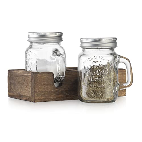 MosJos Mason Jar Salz- und Pfefferstreuer – Vintage-Gewürzspender-Set aus Glas mit Holzhalter – Bauernhaus-Küchendekoration, einfaches Nachfüllen, 142 ml Fassungsvermögen mit Edelstahldeckeln von MosJos