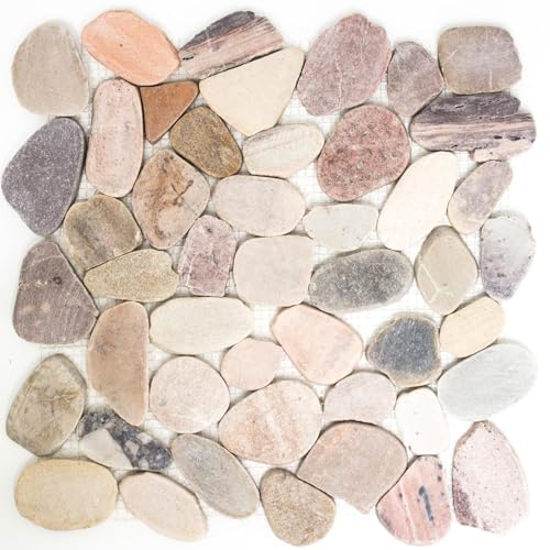 Flusskiesel Naturstein Mosaik Fliesen Geschnitten Kos Beige Grau Rot von Mosafil