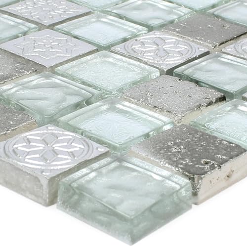 Glas Naturstein Mosaikfliese Georgia Silber von Mosafil