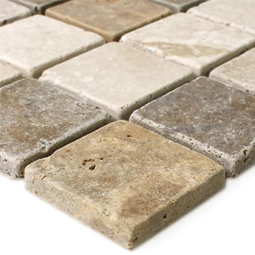 Travertin Naturstein Mosaik Fliesen Matte Braun Beige Rot Duschwand Duschboden von Mosafil