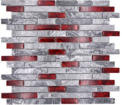 Glas Naturstein Mosaik Stäbchen Naturstein Glasmosaik grau mit rot glänzend Wand Küche Bad Dusche von conwire