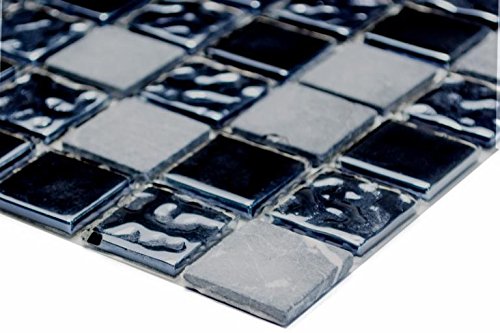 Glasmosaik Quadrat Crystal/Stein mix grau/schwarz Naturstein Fliesenspiegel, Mosaikstein Format: 25x25x4 mm, Bogengröße: 327x302 mm, 1 Bogen/Matte von Mosaik-Netzwerk