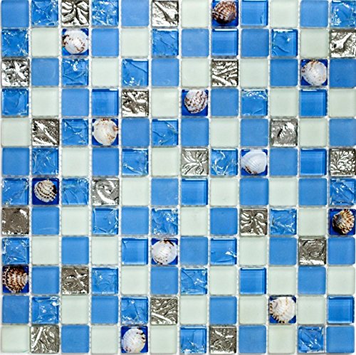 Glasmosaik Quadrat Crystal Muschel blau Transluzent Transparent 3D, Mosaikstein Format: 23x23x8 mm, Bogengröße: 300x300 mm, 10 Bögen von Mosaik-Netzwerk