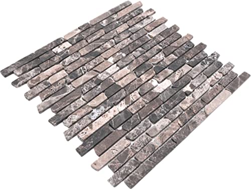 Mosaik Brick Impala braun geflammt Marmor Naturstein Küche, Mosaikstein Format: 25-105x15x8 mm, Bogengröße: 305x322 mm, 1 Bogen / Matte von Mosaik-Netzwerk