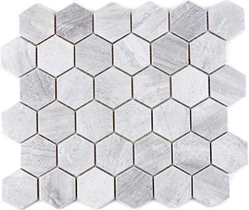 Mosaik Fliese Keramik Hexagon Travertin grau matt für WAND BAD WC DUSCHE KÜCHE FLIESENSPIEGEL THEKENVERKLEIDUNG BADEWANNENVERKLEIDUNG Mosaikmatte Mosaikplatte von Mosaik-Netzwerk
