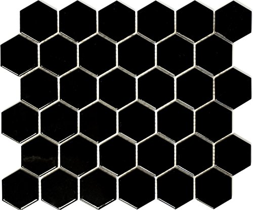 Mosaik Fliese Keramik Hexagon schwarz glänzend für BODEN WAND BAD WC DUSCHE KÜCHE FLIESENSPIEGEL THEKENVERKLEIDUNG BADEWANNENVERKLEIDUNG Mosaikmatte Mosaikplatte von conwire