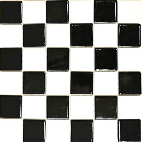 Mosaik Fliese Keramik Schachbrett schwarz weiß glänzend Duschtasse Fliesenspiegel Wandverkleidung Thekenverkleidung Badewannenverkleidung Badfliese | 10 Mosaikmatten von conwire