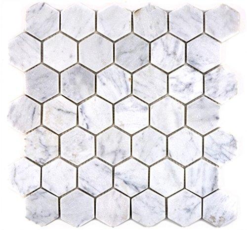 Mosaik Fliese Marmor Naturstein Hexagon Marmor weiß Carrara für BODEN WAND BAD WC DUSCHE KÜCHE FLIESENSPIEGEL THEKENVERKLEIDUNG BADEWANNENVERKLEIDUNG Mosaikmatte Mosaikplatte von Mosaik-Netzwerk