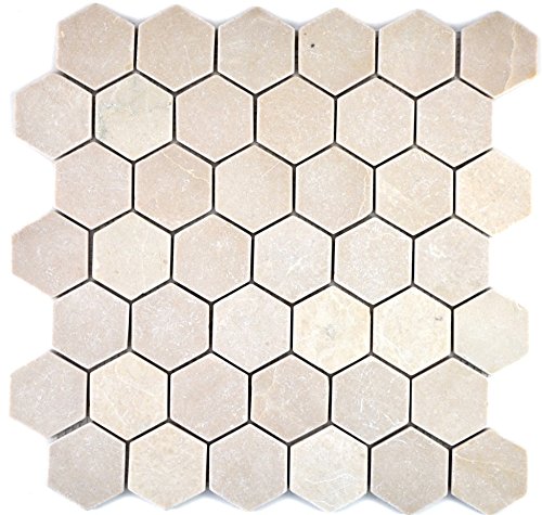 Mosaik Fliese Marmor Naturstein beige Hexagon Marmor Botticino Anticato für BODEN WAND BAD WC DUSCHE KÜCHE FLIESENSPIEGEL THEKENVERKLEIDUNG BADEWANNENVERKLEIDUNG Mosaikmatte Mosaikplatte von conwire