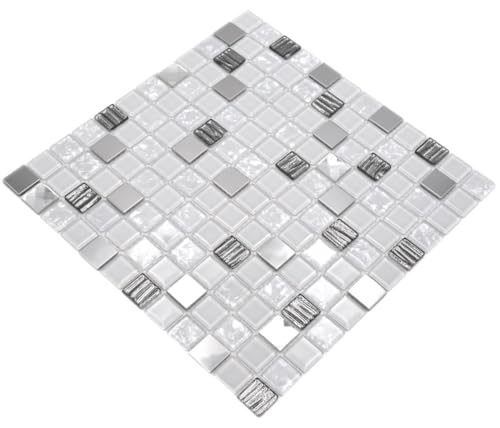 Mosaik Fliese Transluzent Edelstahl weiß Glasmosaik Crystal Stahl weiß Glas für WAND BAD WC DUSCHE KÜCHE FLIESENSPIEGEL THEKENVERKLEIDUNG BADEWANNENVERKLEIDUNG Mosaikmatte Mosaikplatte von conwire