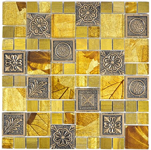 Mosaik Fliese Transluzent gold Kombination Glasmosaik Crystal Resin gold Ornament für WAND WC KÜCHE FLIESENSPIEGEL THEKENVERKLEIDUNG Mosaikmatte Mosaikplatte von conwire