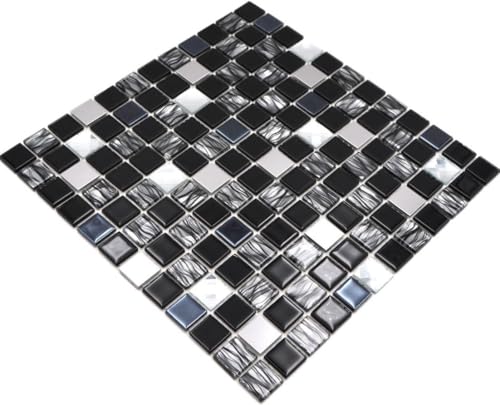 Mosaik Fliese selbstklebend Transluzent Edelstahl schwarz Glasmosaik Crystal Stahl schwarz Glas für WAND BAD WC KÜCHE FLIESENSPIEGEL THEKENVERKLEIDUNG BADEWANNENVERKLEIDUNG Mosaikmatte Mosaikplatte von conwire
