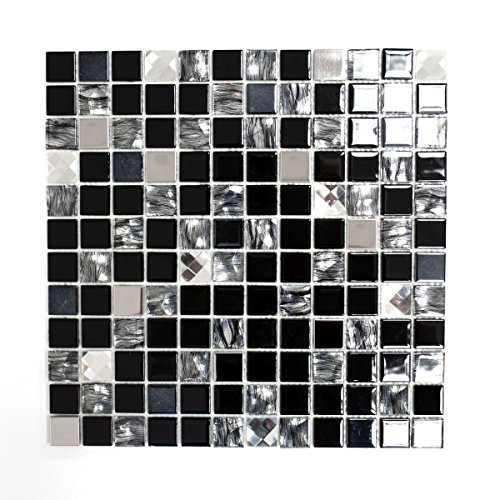 Mosaik Fliese selbstklebend Transluzent Edelstahl schwarz Glasmosaik Crystal Stahl schwarz Glas für WAND BAD WC KÜCHE FLIESENSPIEGEL THEKENVERKLEIDUNG BADEWANNENVERKLEIDUNG Mosaikmatte Mosaikplatte von conwire
