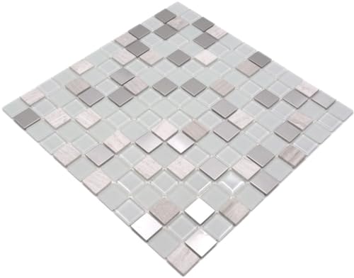Mosaik Fliese selbstklebend Transluzent Stein Edelstahl weiß Glasmosaik Crystal Stein Stahl weiß Glas für WAND KÜCHE FLIESENSPIEGEL THEKENVERKLEIDUNG Mosaikmatte Mosaikplatte von conwire