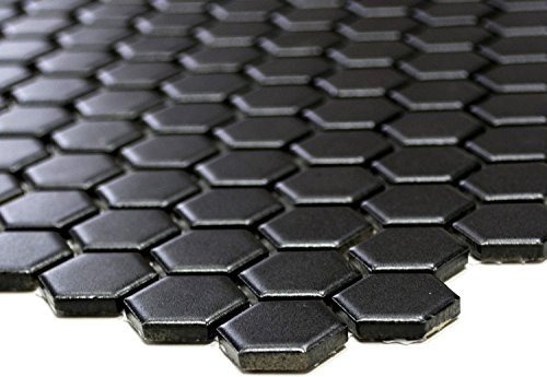 Mosaik Hexagon uni schwarz matt Keramik Mosaik, Mosaikstein Format: 23x26x5 mm, Bogengröße: 260x300 mm, 1 Bogen/Matte von Mosaik-Netzwerk