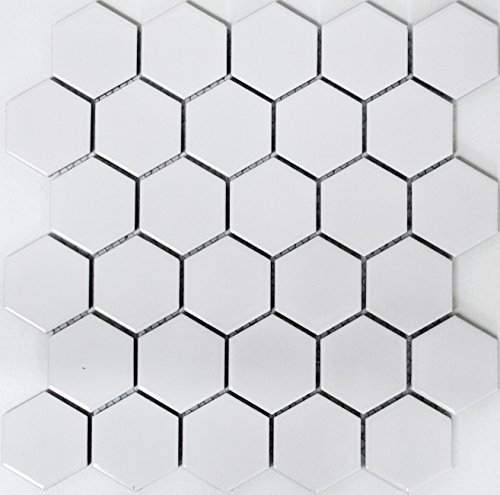 Mosaik Hexagon uni weiß glänzend Keramik, Mosaikstein Format: 51x59x5 mm, Bogengröße: 325x281 mm, 10 Bögen von Mosaik-Netzwerk