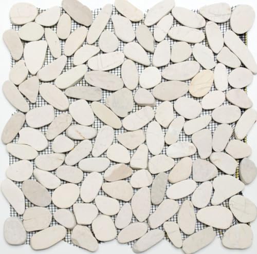 Mosaik Kiesel geschnitten weiss cream Flußkiesel Steinkiesel Steinteppich Flussstein Kieselmosaik Duschtasse Duschboden Duschwand - 1 Matte von conwire