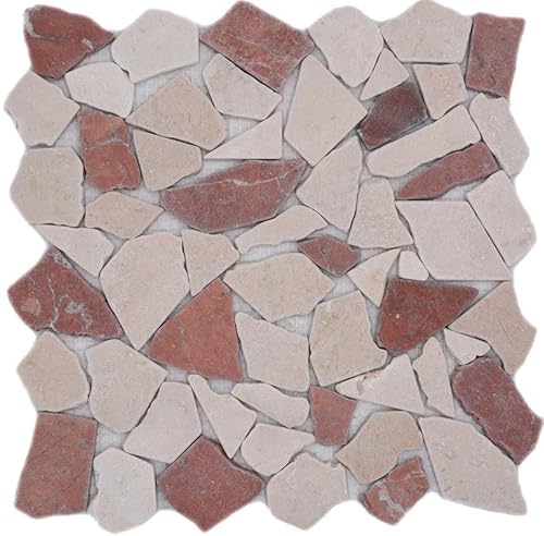 Mosaik Bruch/Ciot mix Rosso Verona/Botticino Marmor Naturstein Küche, Mosaikstein Format: 15-69x8 mm, Bogengröße: 305x305 mm, 1 Bogen/Matte von conwire