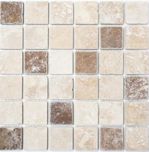 Mosaik Quadrat Chiaro + Noche Travertine Travertin Naturstein Küche, Mosaikstein Format: 48x48x10 mm, Bogengröße: 305x305 mm, 1 Bogen/Matte von Mosaik-Netzwerk