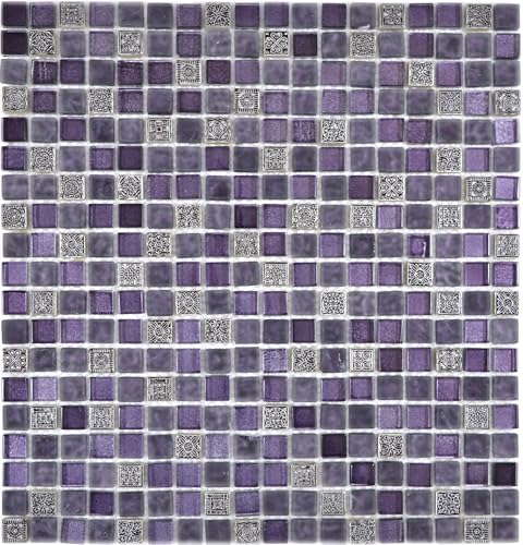 Mosaik Quadrat Crystal/Stein/Resin mix lila/lila matt Glas Naturstein Ornament Fliesenspiegel, Mosaikstein Format: 15x15x8 mm, Bogengröße: 322x305 mm, 1 Bogen/Matte von Mosaik-Netzwerk