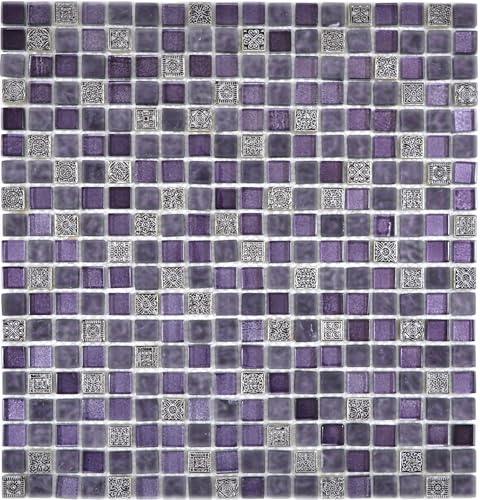 Mosaik Quadrat Crystal/Stein/Resin mix lila/lila matt Glas Naturstein Ornament Fliesenspiegel, Mosaikstein Format: 15x15x8 mm, Bogengröße: 322x305 mm, 1 Bogen/Matte von conwire