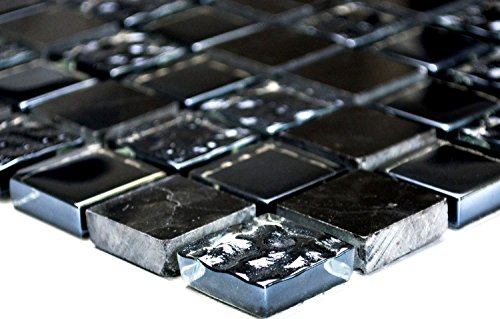 Mosaik Quadrat Crystal/Stein mix grau/schwarz Glas Naturstein Fliesenspiegel, Mosaikstein Format: 25x25x8 mm, Bogengröße: 327x302 mm, 1 Bogen/Matte von Mosaik-Netzwerk