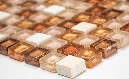 Mosaik Quadrat Crystal/Stein mix ocker/gold Glas Naturstein Fliesenspiegel, Mosaikstein Format: 15x15x8 mm, Bogengröße: 322x305 mm, 1 Bogen/Matte von Mosaik-Netzwerk
