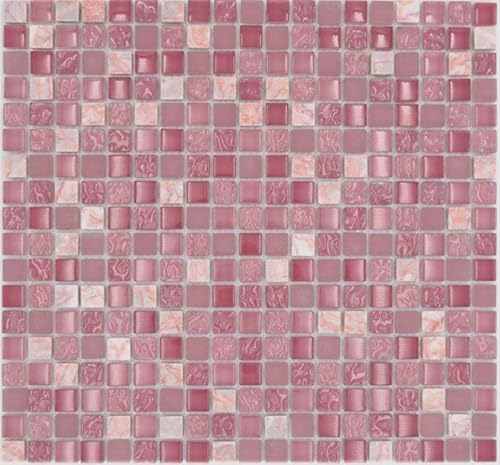 Mosaik Quadrat Crystal/Stein mix rosa Glas Naturstein Fliesenspiegel, Mosaikstein Format: 15x15x8 mm, Bogengröße: 322x305 mm, 1 Bogen/Matte von Mosaik-Netzwerk