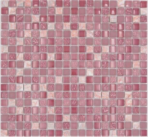 Mosaik Quadrat Crystal/Stein mix rosa Glas Naturstein Fliesenspiegel, Mosaikstein Format: 15x15x8 mm, Bogengröße: 322x305 mm, 10 Bögen von Mosaik-Netzwerk